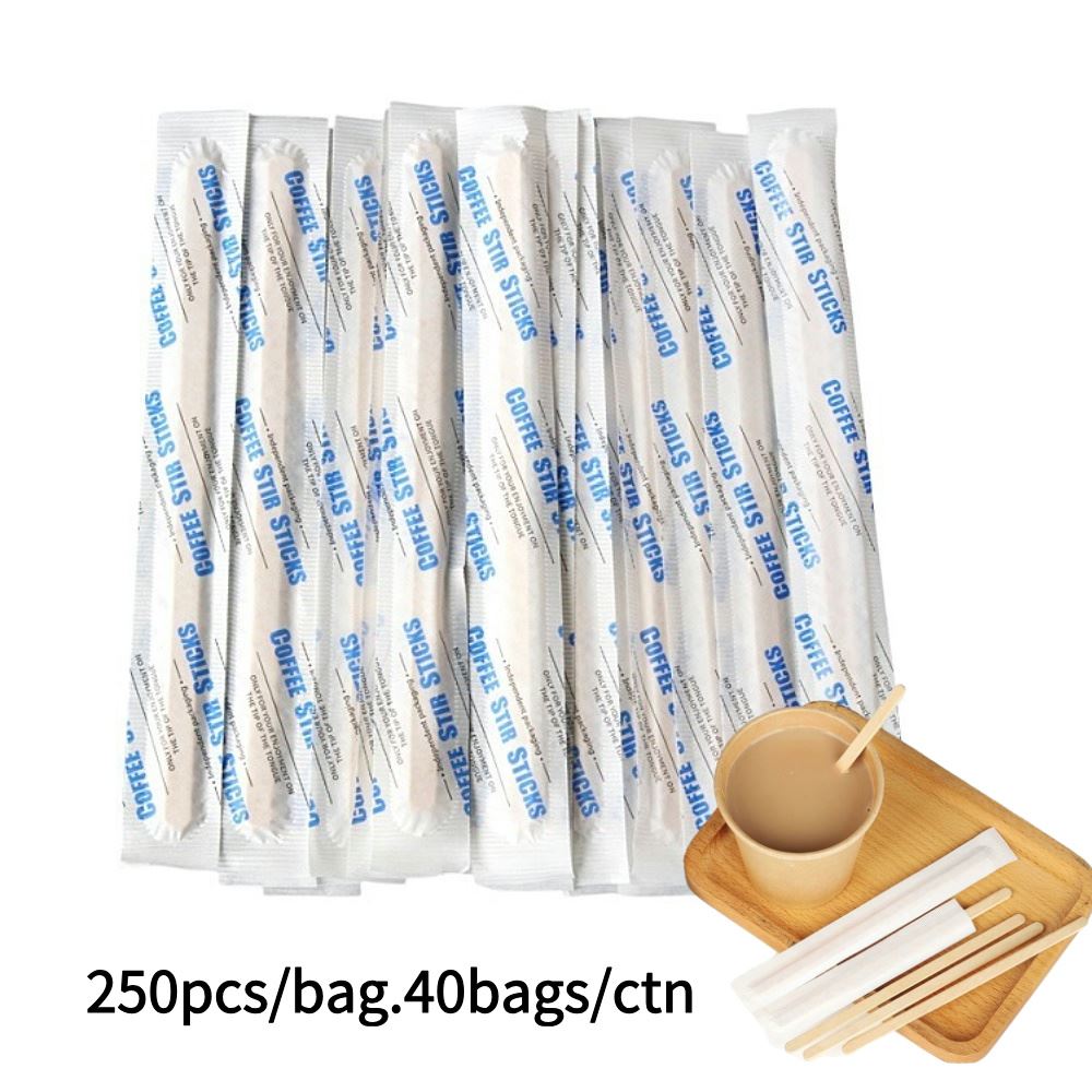 Sanitary individually paper wrapped wooden coffee stirrers 250pcs pack for hygiene